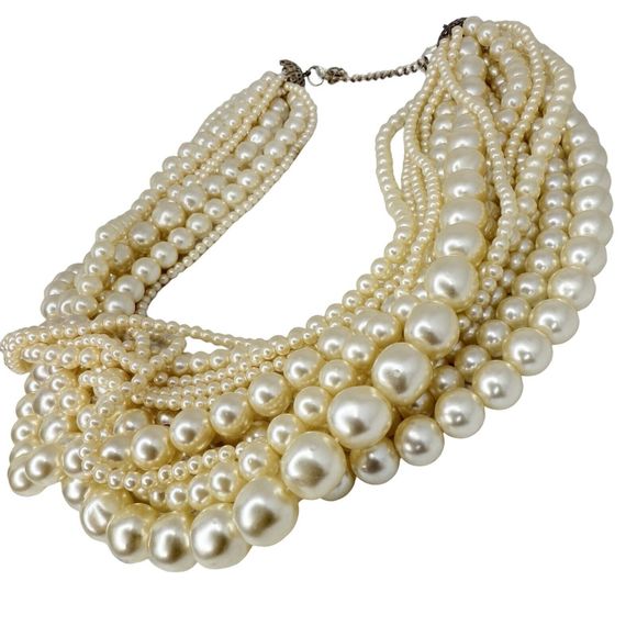 Vintage Graduated Faux Champagne Pearl Layered Statement Necklace 22” Wedding - Picture 6 of 10